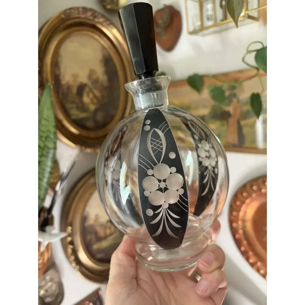 Vintage 1930s Bohemian Glass Decanter Set With Shot Glasses Black Art Deco Glass